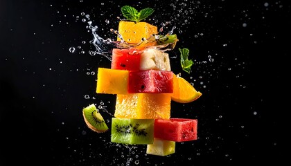 Fruit cubes are stacked together with water splashing, on a black background