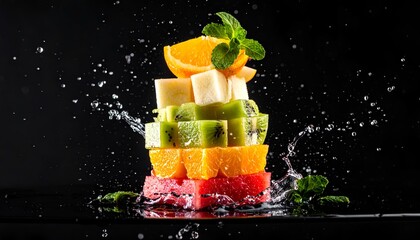 Stacked, diced fruit tower against black background with splashing water droplets