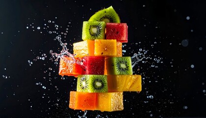 Stacked colorful fruit squares with water droplets, against a dark background