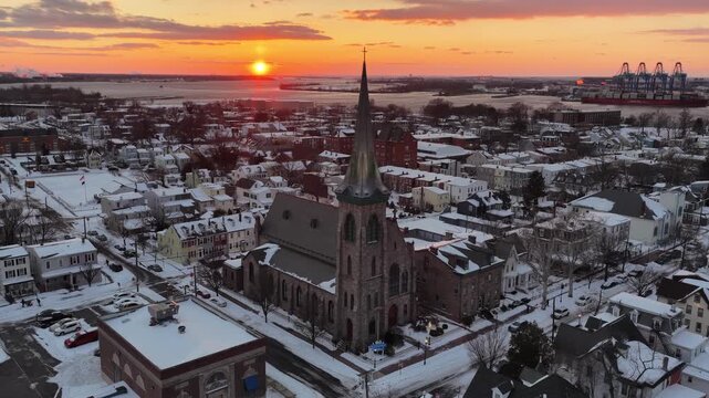 Aerial View of Sunset in the Snow Covered Delaware Riverfront Town Gloucester New Jersey