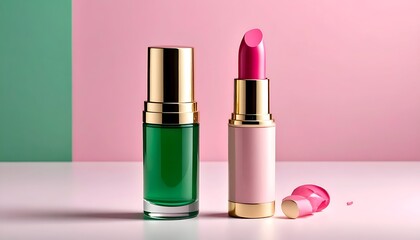 Green nail polish and pink lipstick on a pink surface