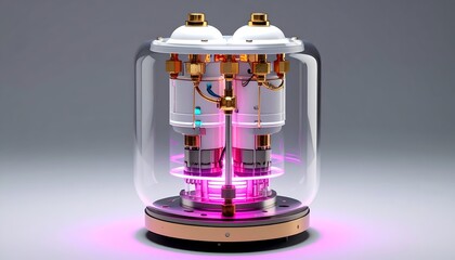 Futuristic device encased in glass, glowing pink, detailed brass & white design