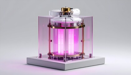 Glowing pink plasma chamber in a clear cube on a white base