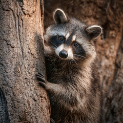 Raccoon Climbing Tree in Natural Forest Habitat