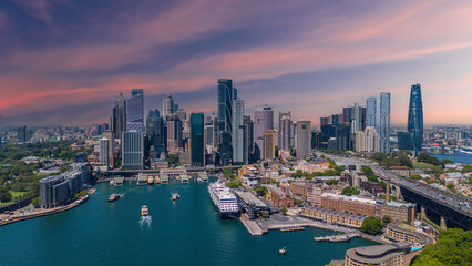 Naklejka premium 5 February 2026 Aerial View of Sydney Harbour Circular Quay cruise Liner on a nice Summer day beautiful Sky in Sydney NSW Australia
