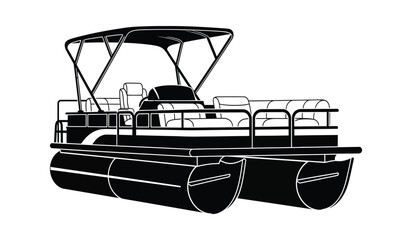Black and white illustration of a pontoon boat with canopy © Thysl2000