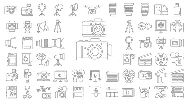Collection of various camera and photography related line icons and symbols.