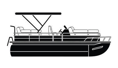 Black and white illustration of a pontoon boat with canopy © Thysl2000