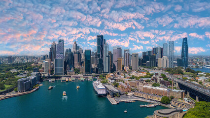 Naklejka premium 5 February 2026 Aerial View of Sydney Harbour Circular Quay cruise Liner on a nice Summer day beautiful Sky in Sydney NSW Australia
