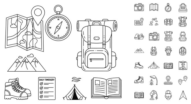 Line art icons representing hiking and outdoor adventure equipment and activities.