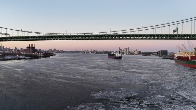Aerial Flight on Frozen Delaware River at Walt Whitman Bridge Philadelphia