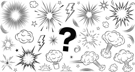 Black and White Comic Book Effect Illustration Set Featuring Explosion Bursts, Smoke Clouds, Lightning Bolts, Action Stars, and a Large Central Question Mark © MdJillur