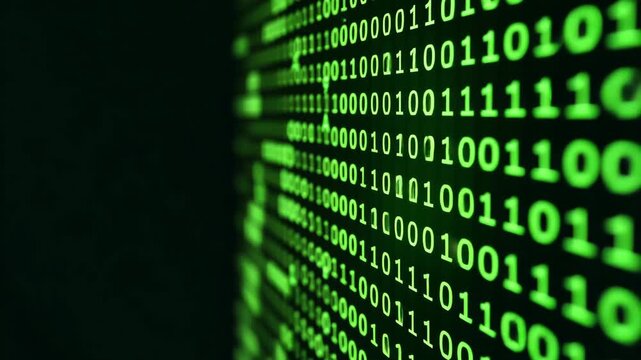 glowing green binary code on black background, cybersecurity, data encryption, software development, zoom out