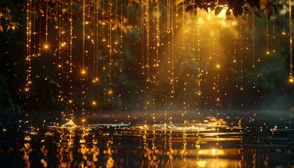 Golden light shines on water with hanging, luminous drops from trees