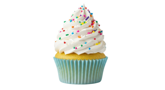 Delicious cupcake with vanilla frosting and colorful sprinkles isolated PNG, sweet treat for birthdays and celebrations