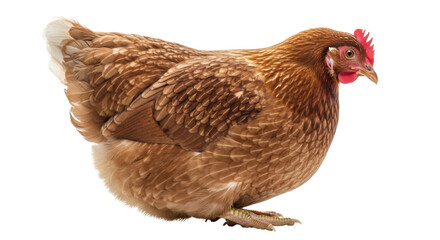 Fototapeta premium Brown hen isolated PNG on transparent background, domestic fowl with red comb and wattle for poultry farming and food production