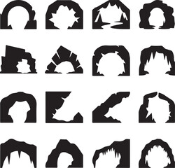 Collection of black and white cave entrance silhouettes