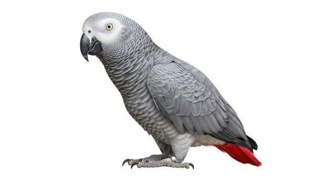 African grey parrot PNG isolated on transparent background, beautiful bird with grey feathers and red tail, exotic pet for design use