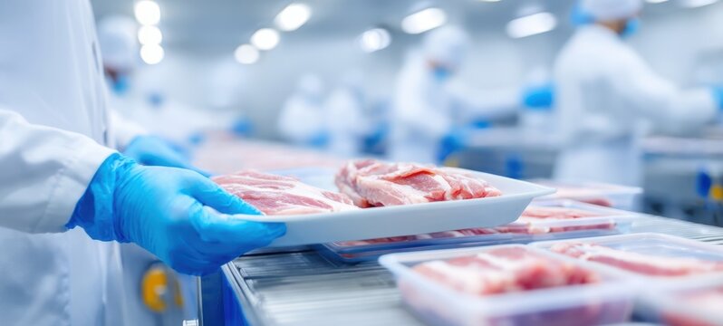 The Meat Processing Line with Packaged Raw Meat and Gloved Worker Hands