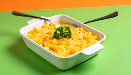 Creamy macaroni & cheese in a white dish with parsley against green/orange