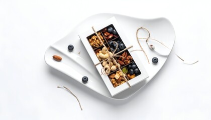 Boxed nuts & berries with twine bow on white plate, minimalist, top-down view