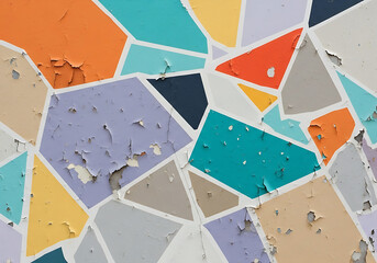 Deconstructed Pastel Geometric Fragments on Distressed Wall. Broken Abstract Shapes. Artfully Chaotic 90s Y2K Background