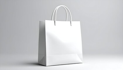 Simple white paper shopping bag with handles, standing on a white surface