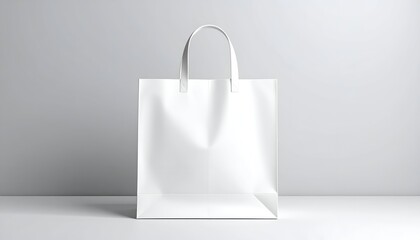 White square shopping bag with handles, standing on a white surface