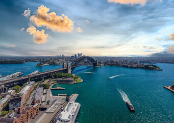 Naklejka premium 5 February 2026 Aerial View of Sydney Harbour Circular Quay cruise Liner on a nice Summer day beautiful Sky in Sydney NSW Australia