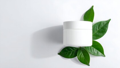 White skincare jar nestled amid green leaves, on a clean white background
