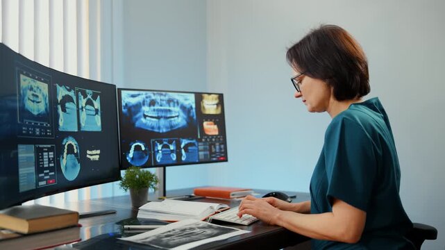 Dentist reviewing and describing dental scans on monitors at desk, modern clinic workspace and medical imaging analysis concept.