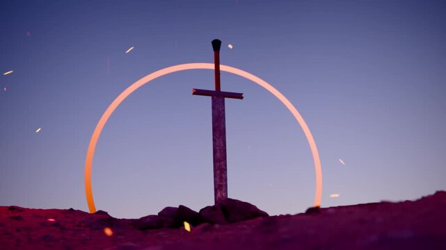 Excalibur sword in rocky stone at sunrise