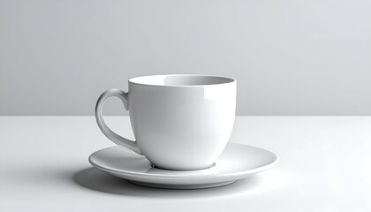 White cup and saucer centered, on a white table, against a gray wall