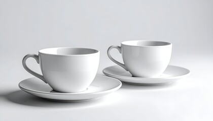 Two simple white ceramic cups and saucers sit on a light background
