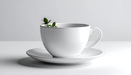 White teacup on saucer with sprouting plant against a white background