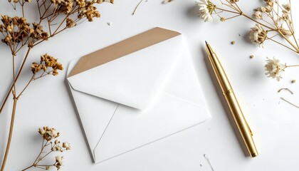 White envelope, gold pen, and dried flowers on white background, top-down view