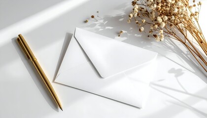 White envelope, gold pen, and dried flowers on a white surface in sunlight