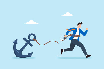 Flat illustration of businessman cutting rope tied to heavy anchor while running forward representing breaking free from limitation removing constraint personal freedom independence © VZ_Art