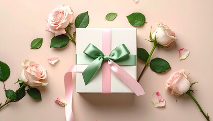 Gift box surrounded by pale pink roses, leaves, & petals on blush background