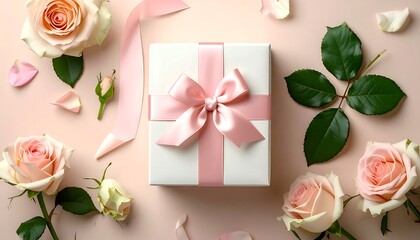 Gift box with pink ribbon, surrounded by pink roses on light pink background
