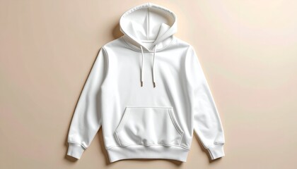 Clean, flat lay of a white hooded sweatshirt on a neutral beige background