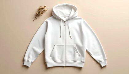 Clean white zip hoodie on beige backdrop with dried floral sprig