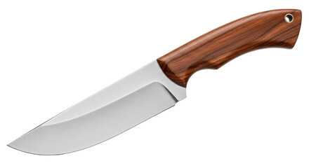 Obraz premium Hunting knife with wooden handle isolated PNG, sharp blade for camping, survival, and outdoor activities on transparent background