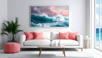 Bright living room with wave art above sofa, ocean view, and plant