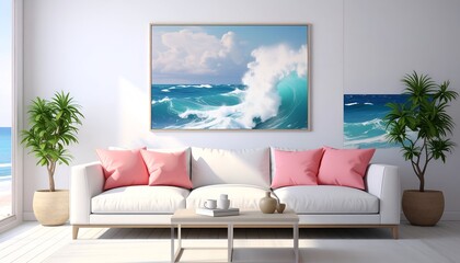 Bright room with wave artwork, white couch, & plants near beach view