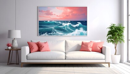 Bright room showcases ocean art above white sofa, lit by window and lamp