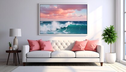 Bright living room white sofa, wave art, pink cushions, plant near window