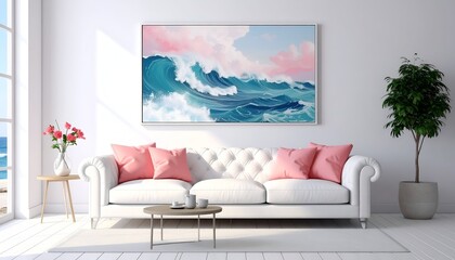 Bright living room featuring ocean wave art above tufted couch