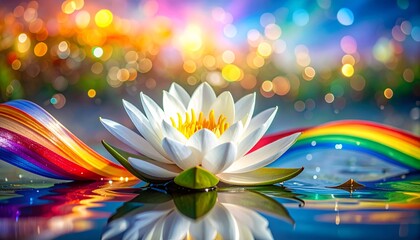 White lotus flower on water, rainbow streaks, colorful blurred bokeh background