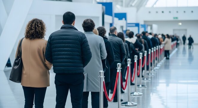 People in Line Waiting at an Event, Queueing Up for Service with Red Ropes